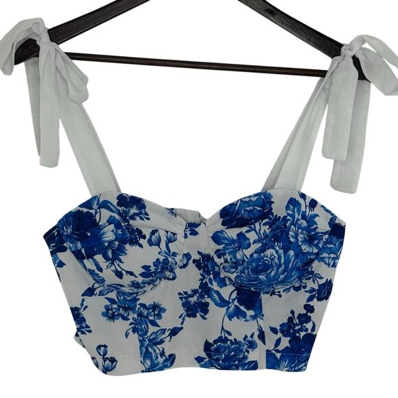 Blue White Floral Crop Top Corset Style Tie Straps Small Romantic Coastal Boho - Picture 1 of 4